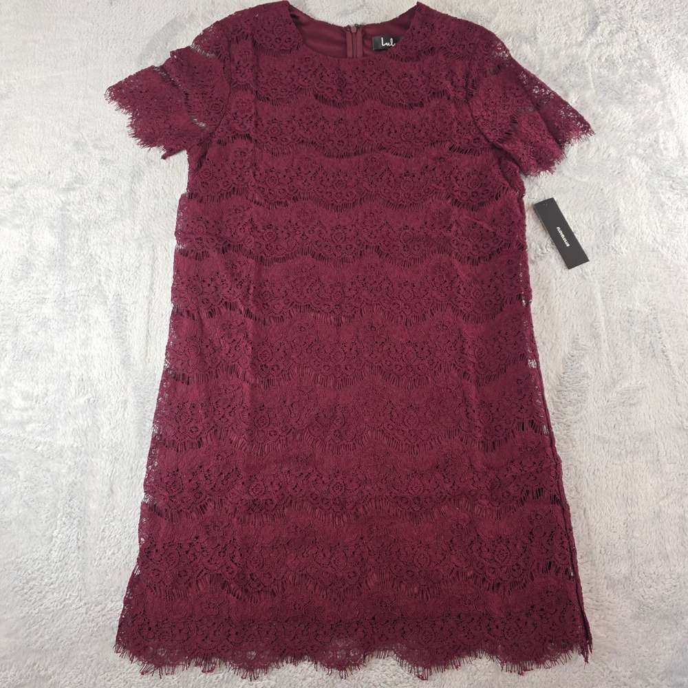 Lulus Women Med Burgundy Take Me To Brunch Shift Dress Floral Lace Eyelash Trim
